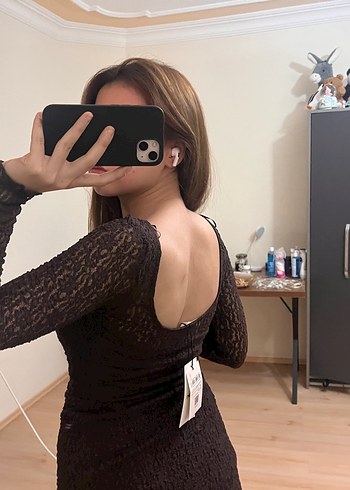 Uzun Kollu Kahverengi Dantel Mini Elbise - Görsel 2