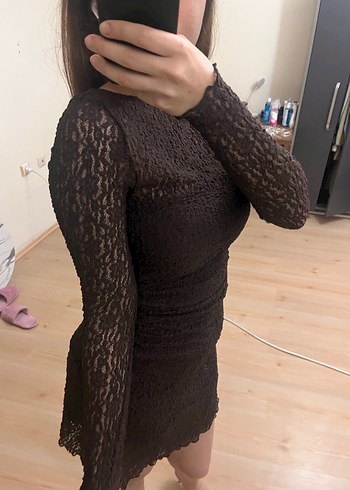 Uzun Kollu Kahverengi Dantel Mini Elbise - Görsel 4