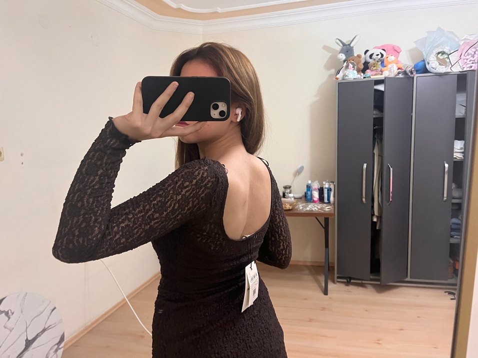 Uzun Kollu Kahverengi Dantel Mini Elbise - Görsel 2