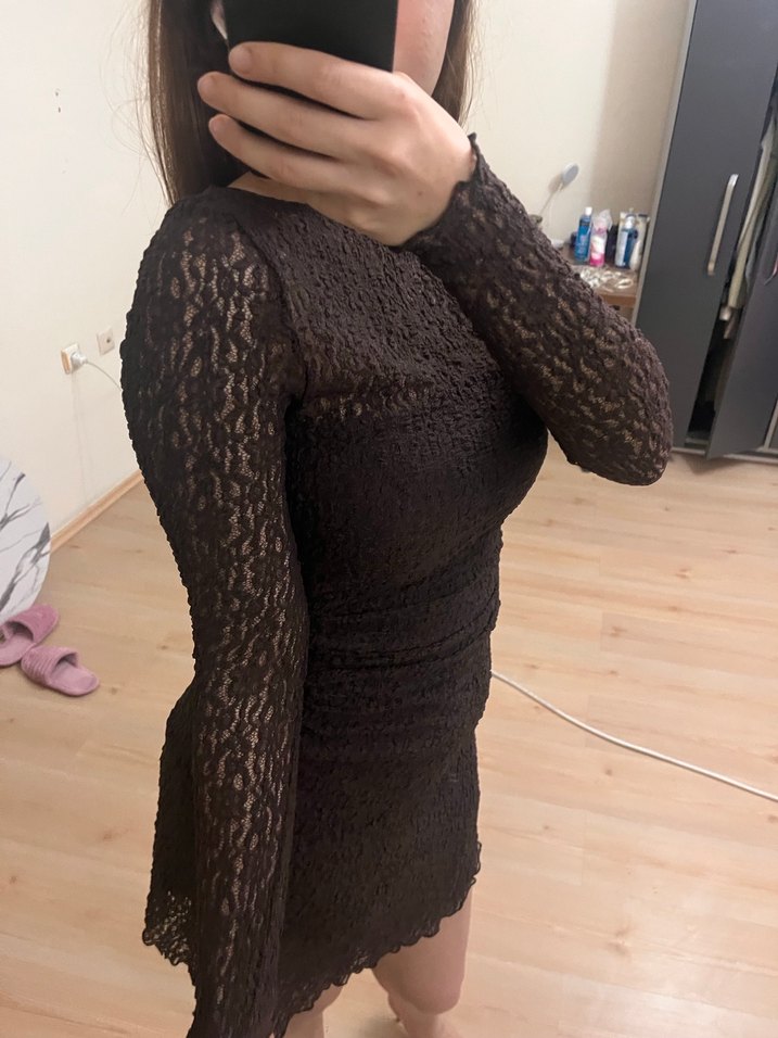 Uzun Kollu Kahverengi Dantel Mini Elbise - Görsel 4