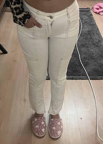 Beyaz Fermuarlı Kadın Kot Pantolon - Görsel 3