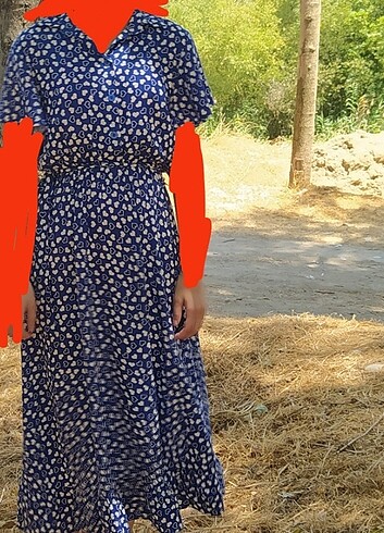 m Beden Mavi kalp desenli yazlık elbise