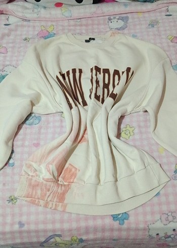 Kadın Beyaz Pamuklu New Jersey Baskılı Sweatshirt - Görsel 4