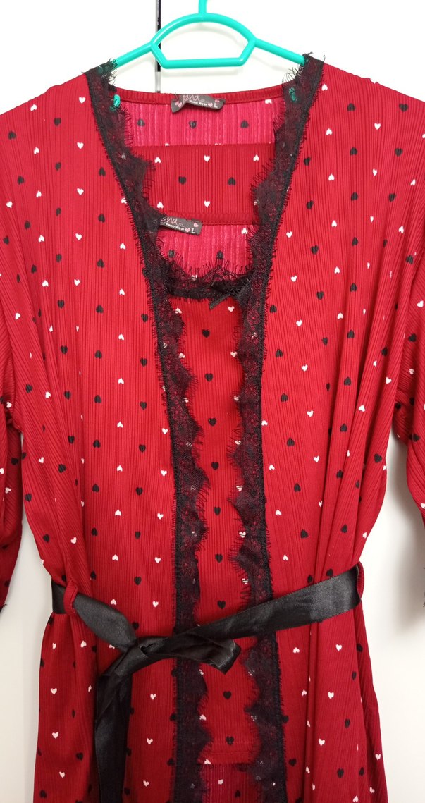 Kırmızı Desenli Bohem Uzun Kadın Pijama Takımı - Görsel 3