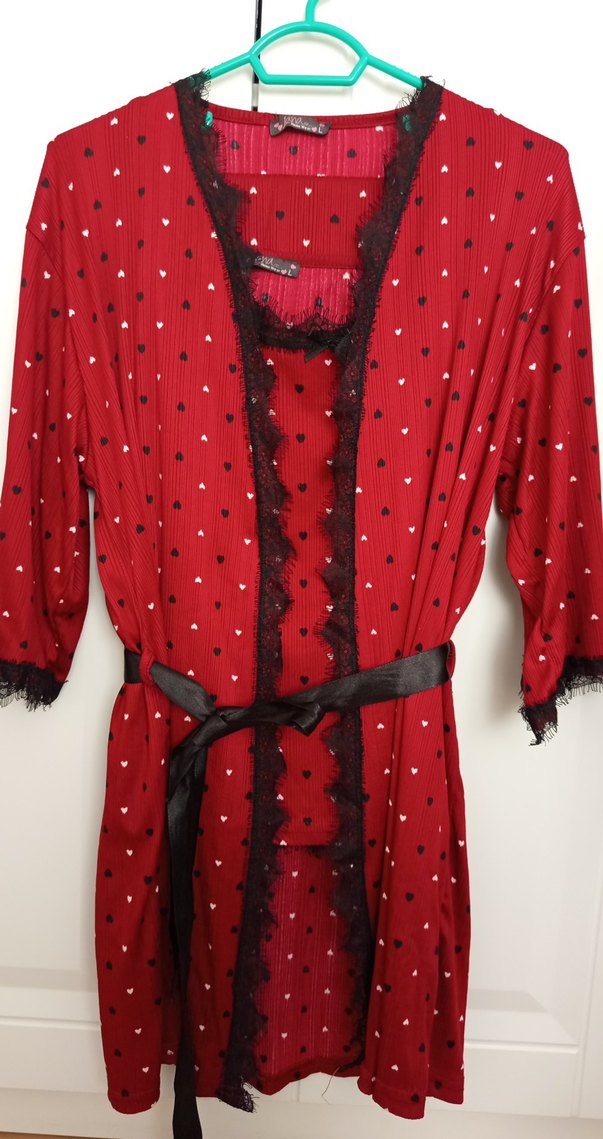 Kırmızı Desenli Bohem Uzun Kadın Pijama Takımı - Görsel 2