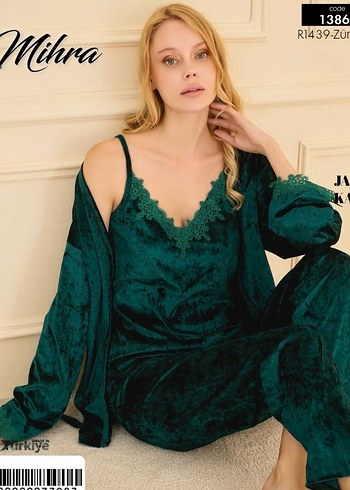 Diğer Bordo Nakışlı Uzun Kollu Bohem kadife Kadın Pijama Takımı