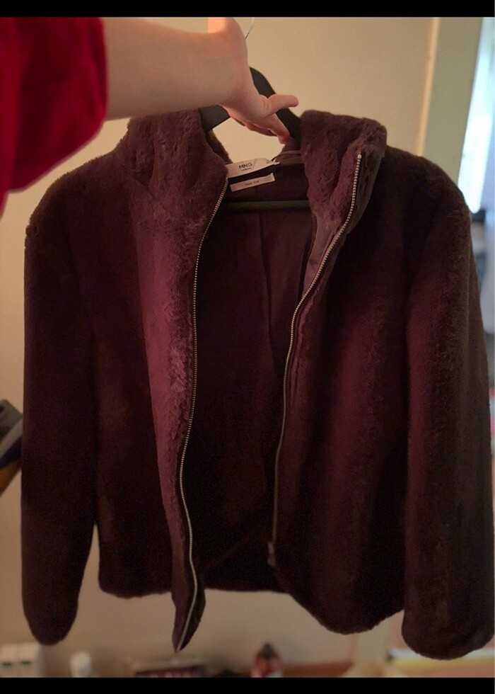 MANGO Kapüşonlu Çikolata Kahverengi Peluş Kürk Mont Kaban - Görsel 3