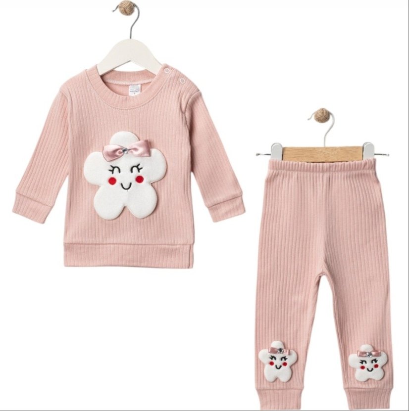 Pembe Nakışlı Örgü Bebek Kız Takımı - Görsel 2