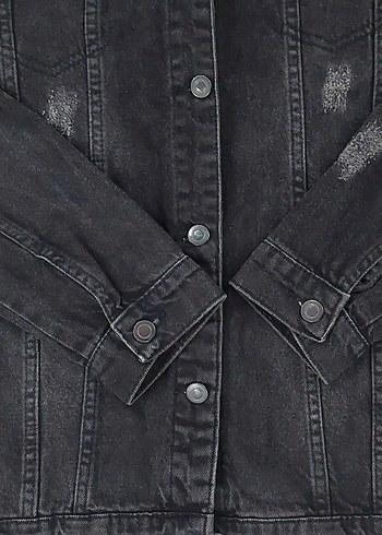 Siyah Arkası Yazılı Eskitme Kot Ceket L - Görsel 3