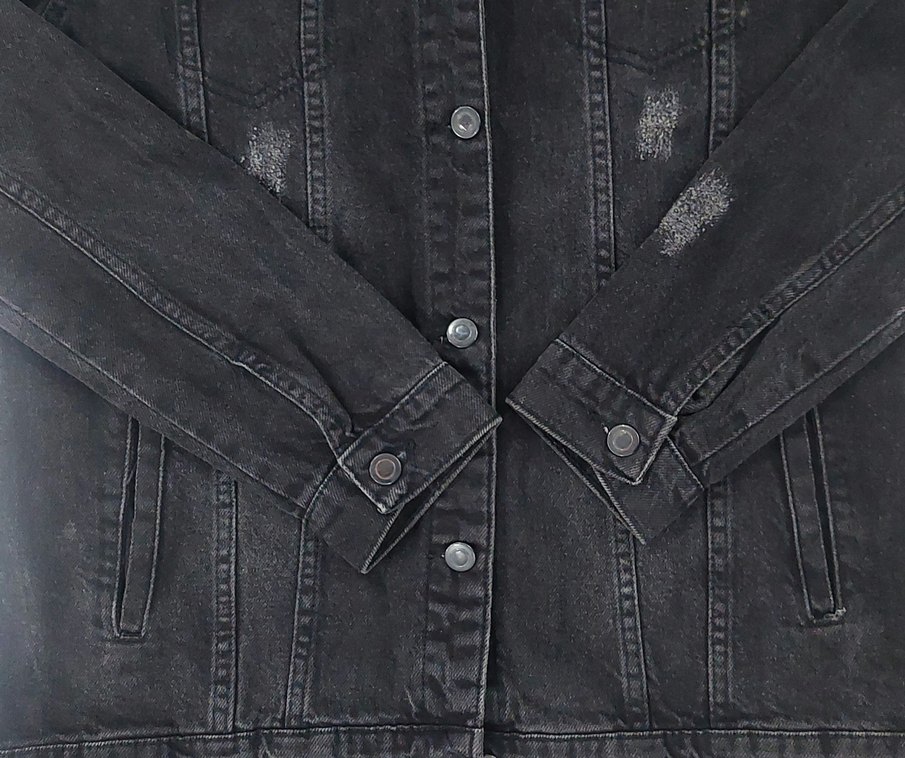 Siyah Arkası Yazılı Eskitme Kot Ceket L - Görsel 3