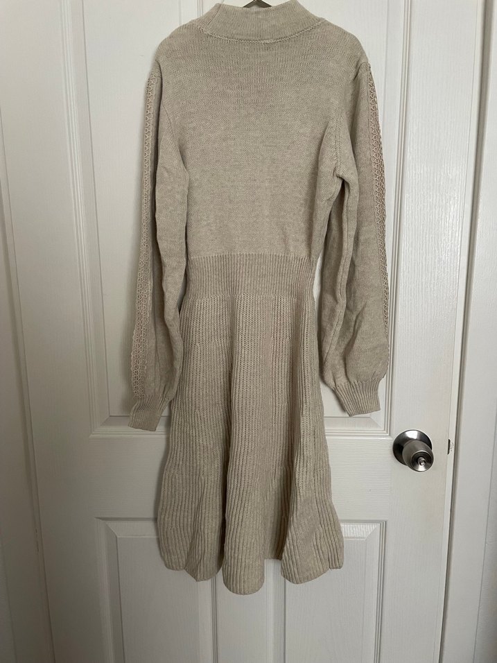 Bej Uzun Kollu Örgü Kadın Elbise - Görsel 3