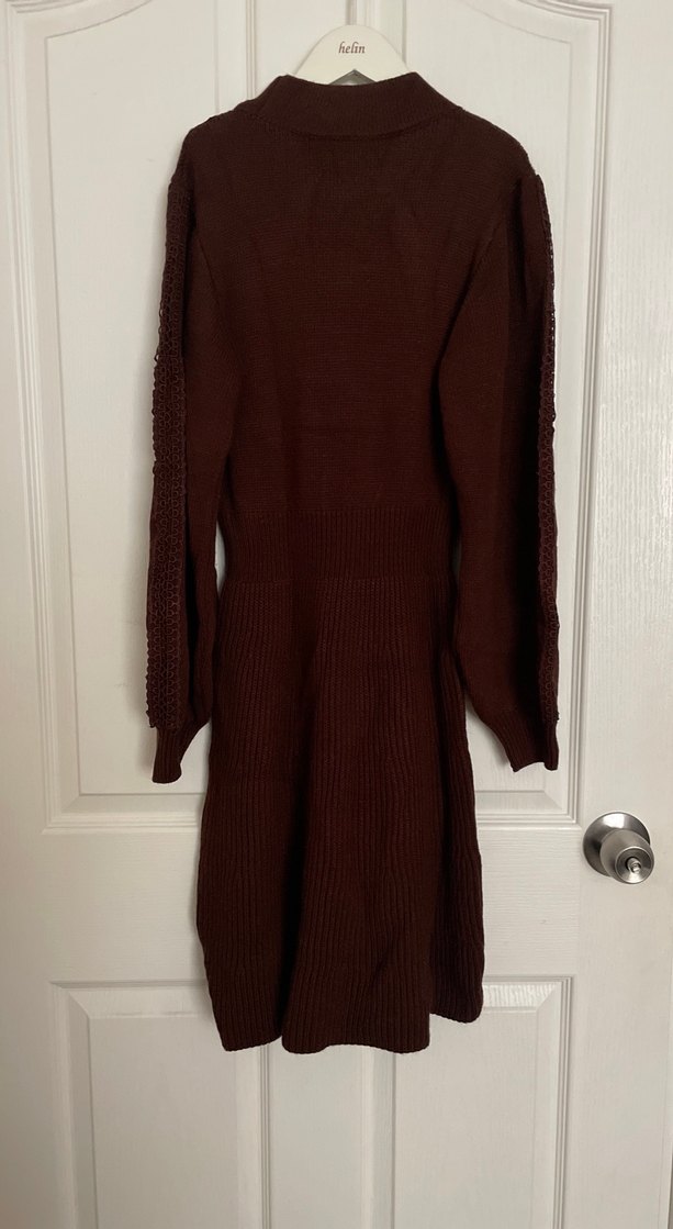 koyu kahve Uzun Kollu Triko Elbise - Görsel 3