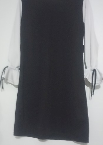 Uzun Kollu Siyah Beyaz Salaş Elbise - Görsel 3