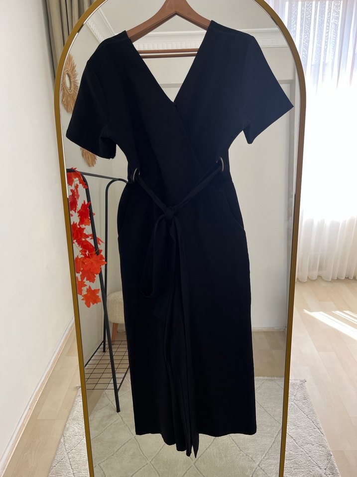 Kadın Siyah V Yakalı Uzun Tulum - Görsel 2