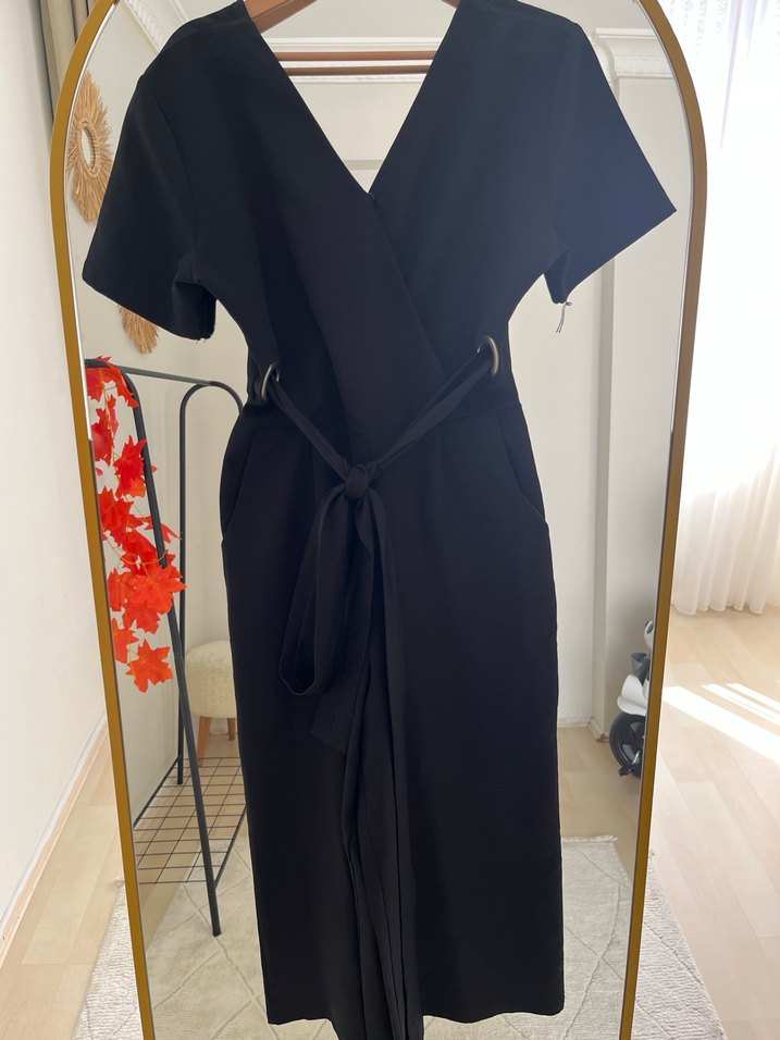 Kadın Siyah V Yakalı Uzun Tulum - Görsel 3