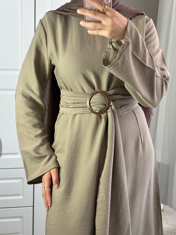 Yüksek Yakalı Haki Kadın Uzun Elbise - Görsel 4