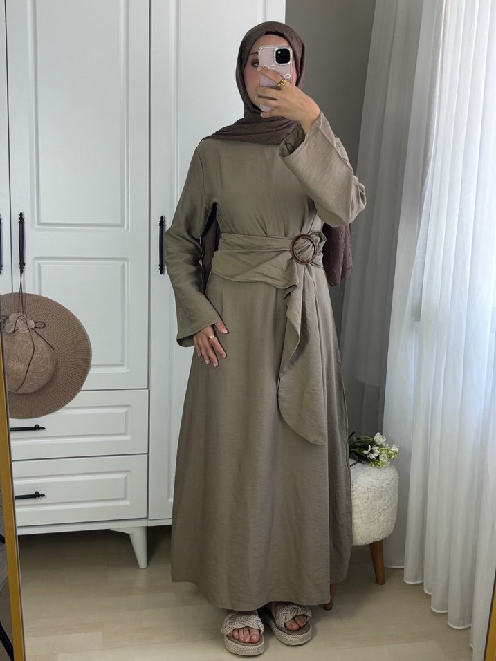 Yüksek Yakalı Haki Kadın Uzun Elbise - Görsel 3