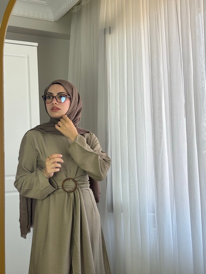 Yüksek Yakalı Haki Kadın Uzun Elbise - Görsel 2