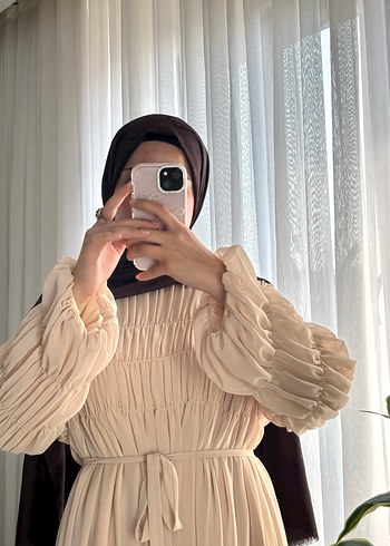 Bej Uzun Kollu Salaş Kadın Elbise - Görsel 4