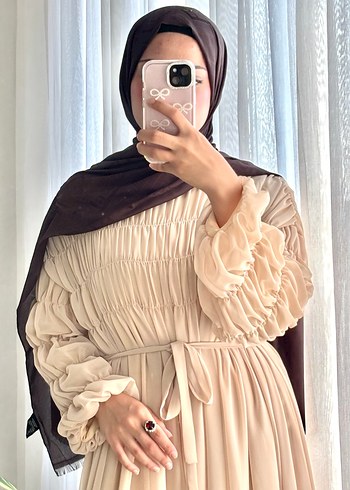 Bej Uzun Kollu Salaş Kadın Elbise - Görsel 5