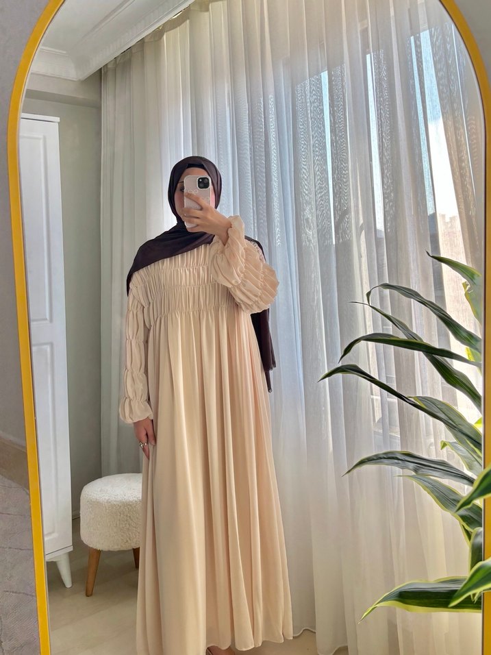 Bej Uzun Kollu Salaş Kadın Elbise - Görsel 2