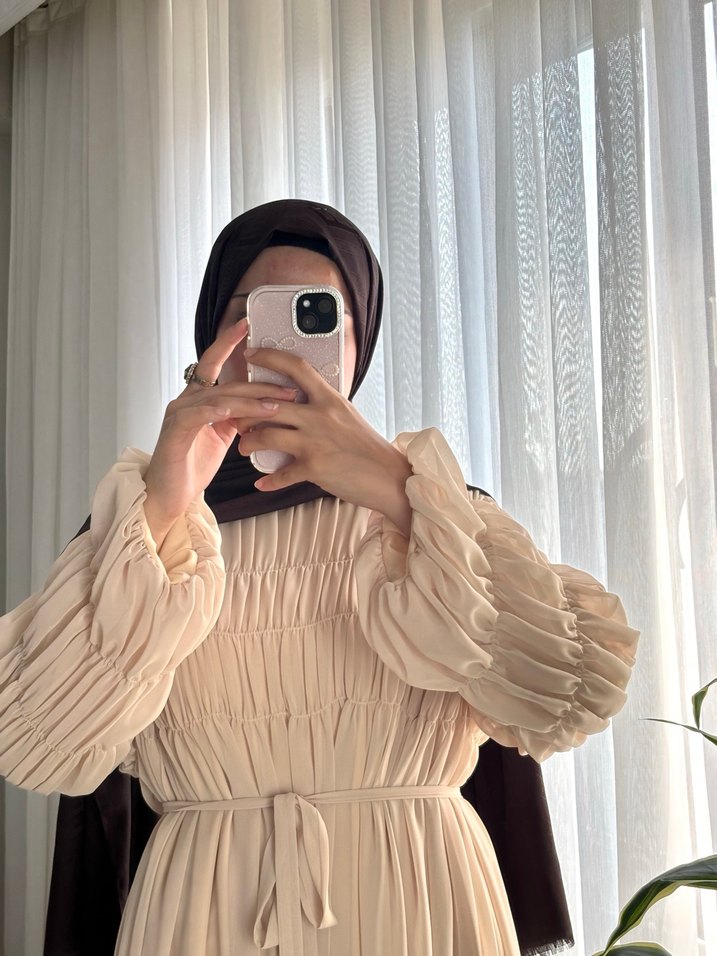 Bej Uzun Kollu Salaş Kadın Elbise - Görsel 4