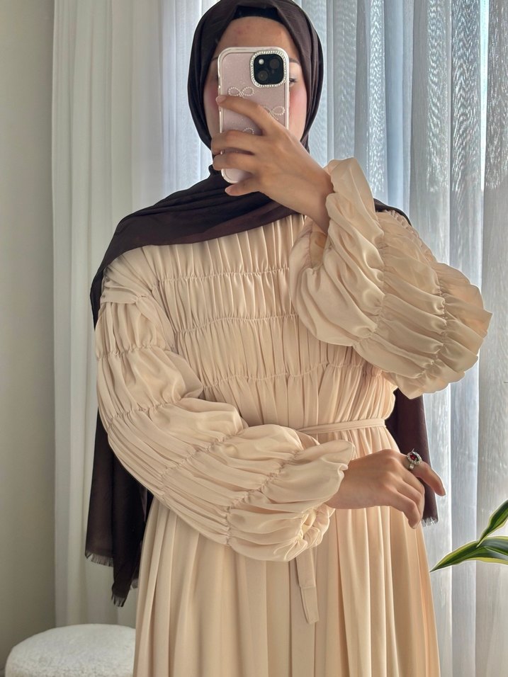 Bej Uzun Kollu Salaş Kadın Elbise - Görsel 3