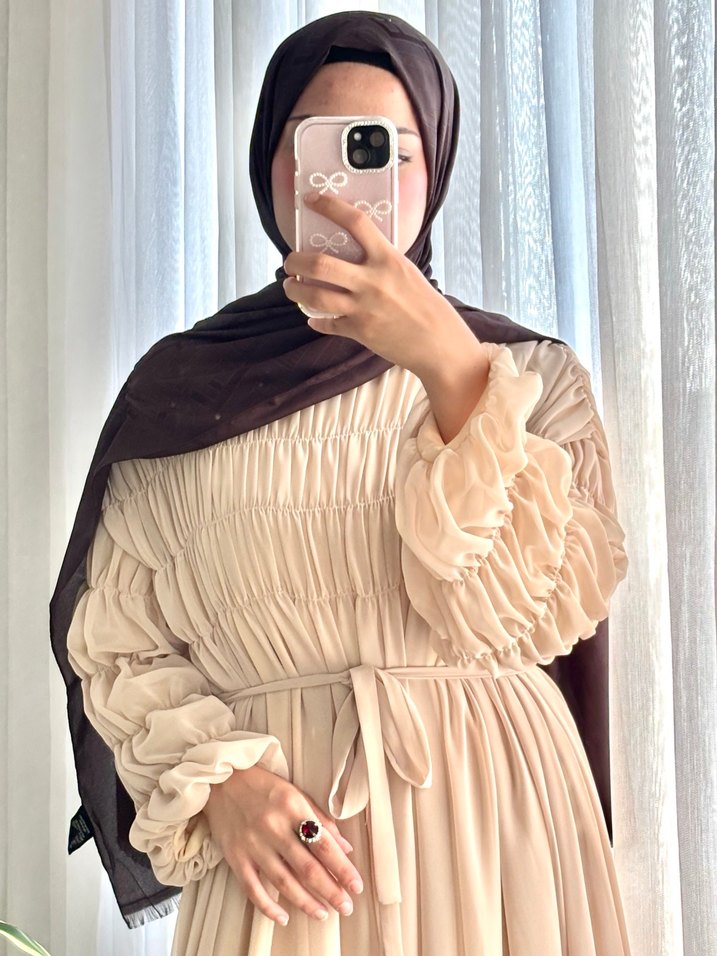 Bej Uzun Kollu Salaş Kadın Elbise - Görsel 5