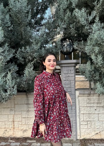 Bordo Çiçekli Uzun Kollu Bohem Elbise - Görsel 3