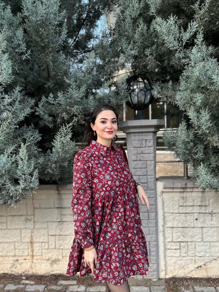 Bordo Çiçekli Uzun Kollu Bohem Elbise - Görsel 3