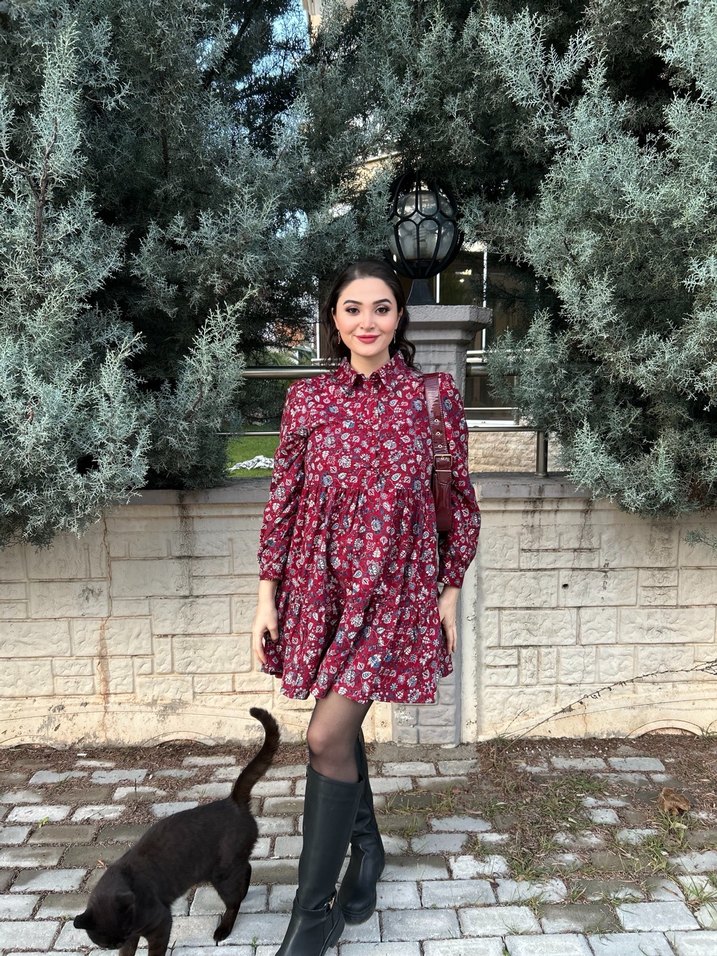 Bordo Çiçekli Uzun Kollu Bohem Elbise - Görsel 2