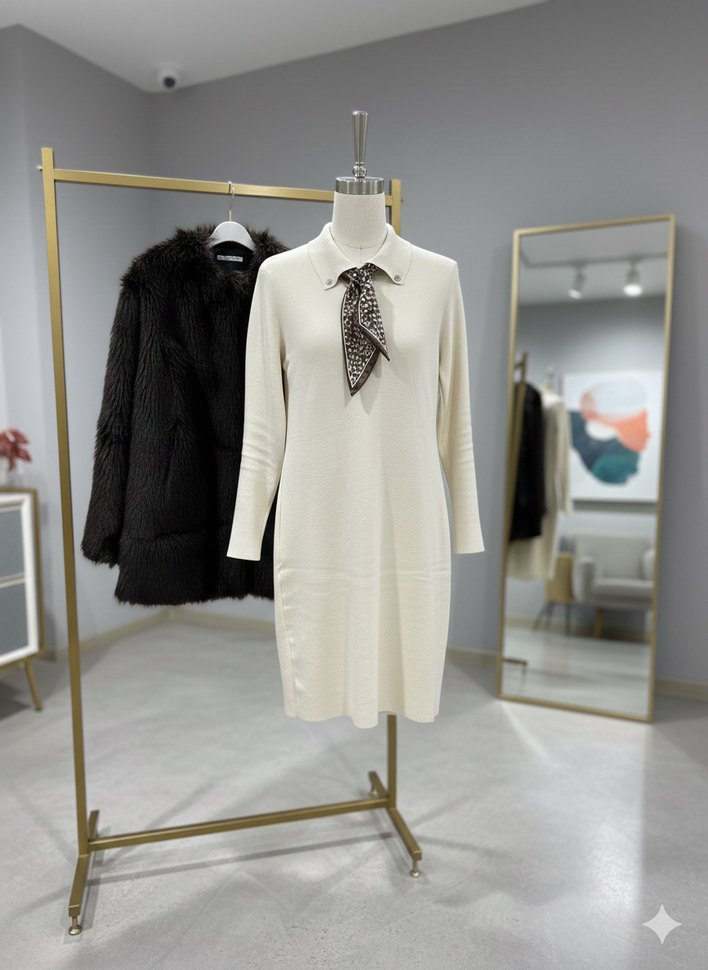 Bej Yılan Desenli Yakalı Triko Elbise - Görsel 2