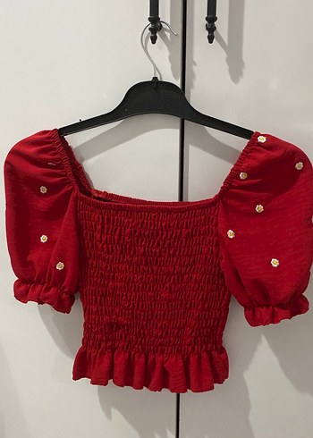 Diğer Nakışlı Kısa Kollu Kırmızı Crop Bluz