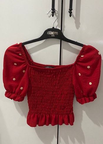 Nakışlı Kısa Kollu Kırmızı Crop Bluz