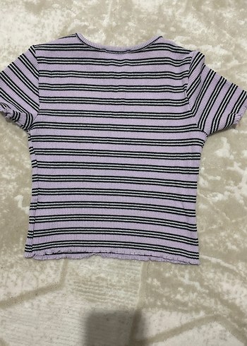 LC Waikiki Kadın Mor Çizgili Kısa Kollu Tişört Crop