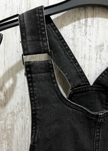 Siyah Bağlamalı Denim Midi Tulum - Görsel 4