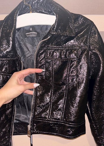 Siyah Parlak Deri Stradivarius ceket - Görsel 2