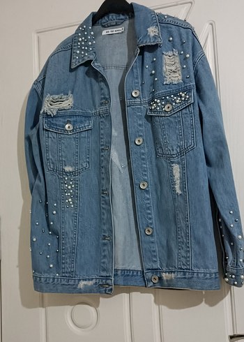 Düğmeli Mavi Oversize Kadın Kot Ceket