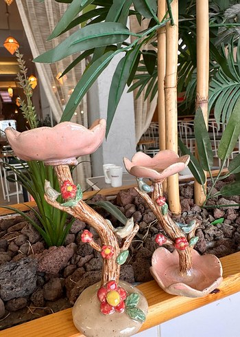 Pembe Çiçek Desenli Seramik Mumluk stonwere mumluk - Görsel 3