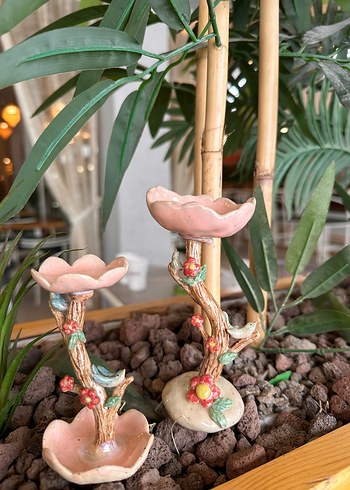 Pembe Çiçek Desenli Seramik Mumluk stonwere mumluk - Görsel 2