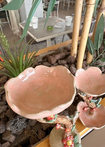 Pembe Çiçek Desenli Seramik Mumluk stonwere mumluk - Görsel 4