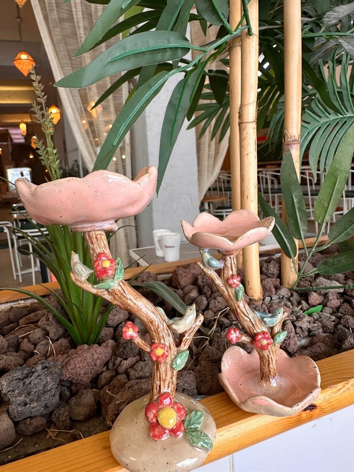 Pembe Çiçek Desenli Seramik Mumluk stonwere mumluk - Görsel 3