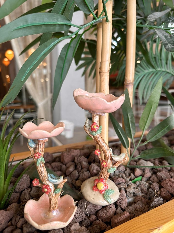 Pembe Çiçek Desenli Seramik Mumluk stonwere mumluk - Görsel 2