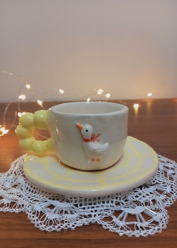 Beyaz Seramik Ördekli Fincan ve Tabak Seti - Görsel 2
