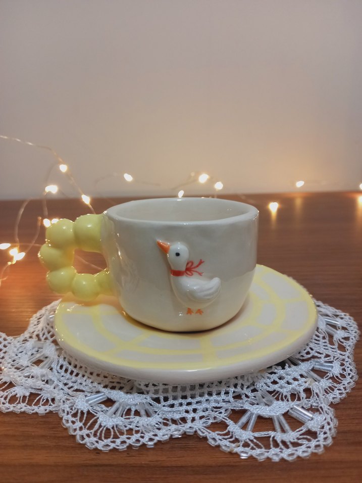 Beyaz Seramik Ördekli Fincan ve Tabak Seti - Görsel 2