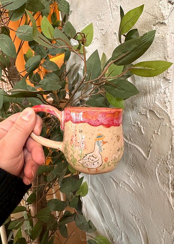 Pastel Pembe Ördek Desenli Seramik Kupa stoneware mug fincan - Görsel 3