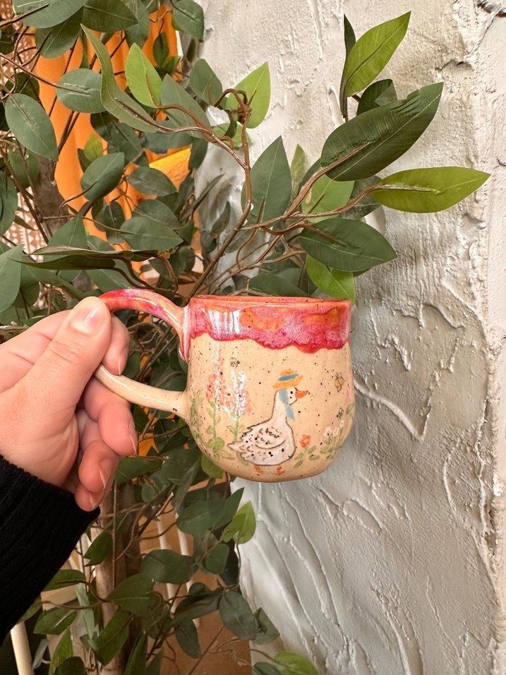 Pastel Pembe Ördek Desenli Seramik Kupa stoneware mug fincan - Görsel 3