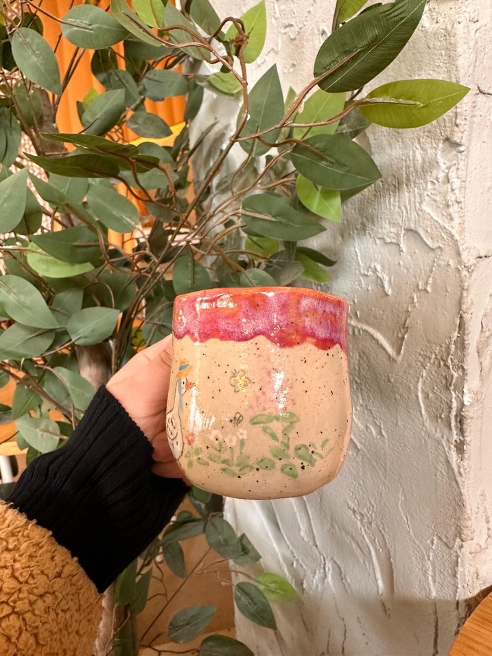 Pastel Pembe Ördek Desenli Seramik Kupa stoneware mug fincan - Görsel 4