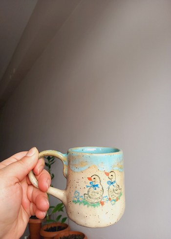 Mavi Pastel Seramik Kupa vintage fincan ördekli fincan stoneware - Görsel 5