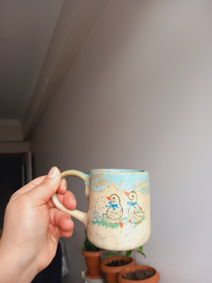 Mavi Pastel Seramik Kupa vintage fincan ördekli fincan stoneware - Görsel 3